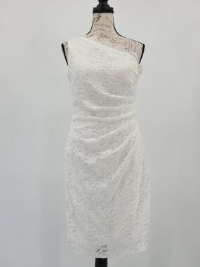 David's Bridal Studio White Lace One-Shoulder Wedding Dress